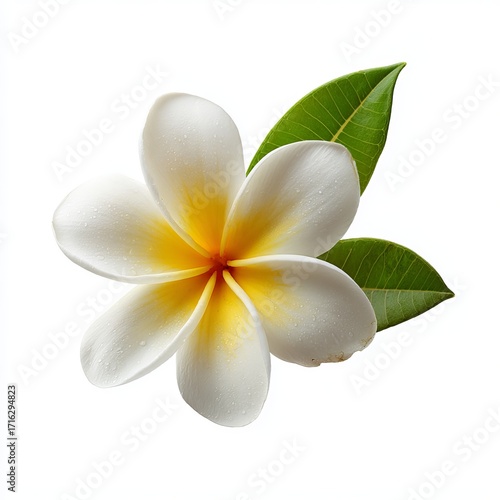 Plumeria's Embrace: A pristine Plumeria flower blossoms with delicate white petals and a golden center, accompanied by fresh green leaves. A symbol of purity and serenity.