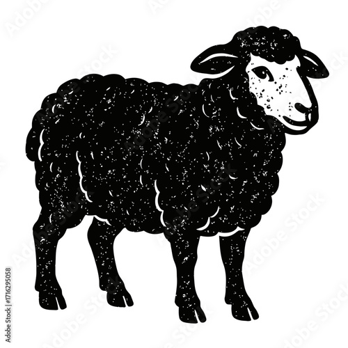 Charming black sheep illustration with textured wool and a rustic, vintage farm animal aesthetic. Ideal for graphic design, farmhouse decor, or educational materials, embodying a classic, hand-drawn l