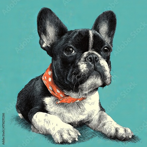Charming French Bulldog Portrait: A stylish French bulldog, adorned with a fashionable scarf, captivates with its playful gaze, embodying the perfect mix of sophistication and friendliness.