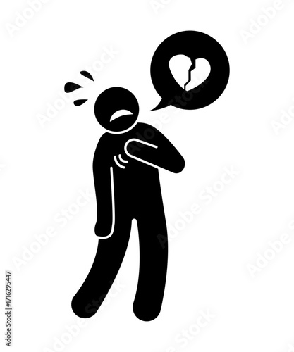 Stickman sad broken heart symbol. Person holding chest with heartbreak icon. Stick figure cartoon.