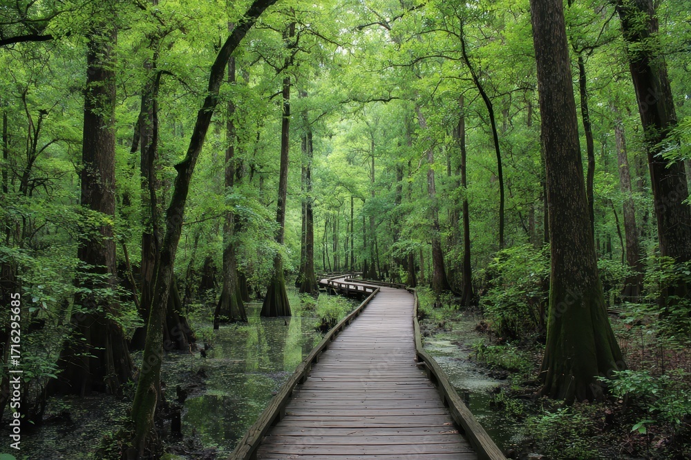Fototapeta premium Congaree National Park Boardwalk Through Lush Green Trees in Summer Season