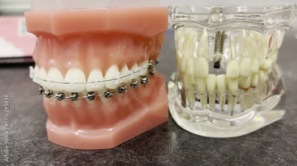 Dental model of teeth with braces in a dental clinic close up ...