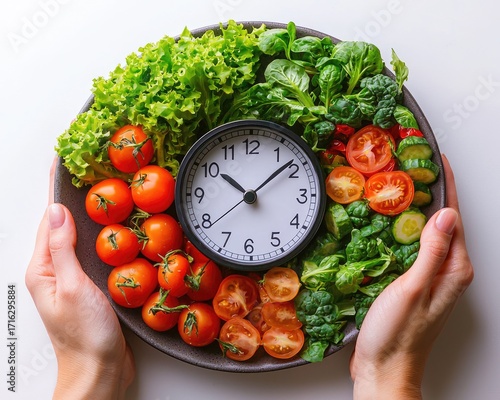 Hands holding a plate of fresh vegetables and a clock
