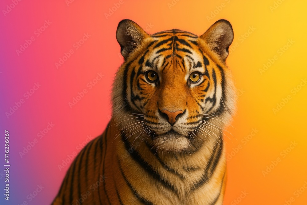 Obraz premium Intense tiger gaze on colorful background perfect for strength concepts wildlife campaigns and bold branding