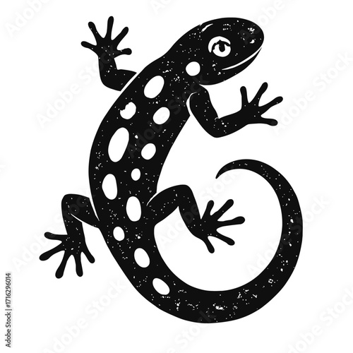 Striking Black and White Spotted Lizard Illustration: A Minimalist Grunge Reptile Silhouette with Curled Tail, Perfect for Tribal Art, Tattoo Designs, Vintage Graphics, or Exotic Wildlife Theme Decor