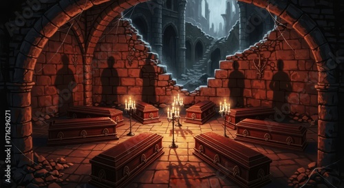 Ancient Crypt Chamber With Dark Coffins And Mysterious Statues