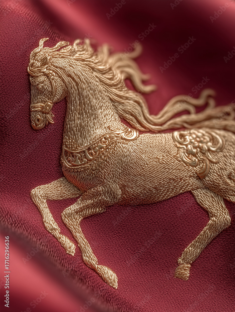 Obraz premium Golden horse statue on red velvet background