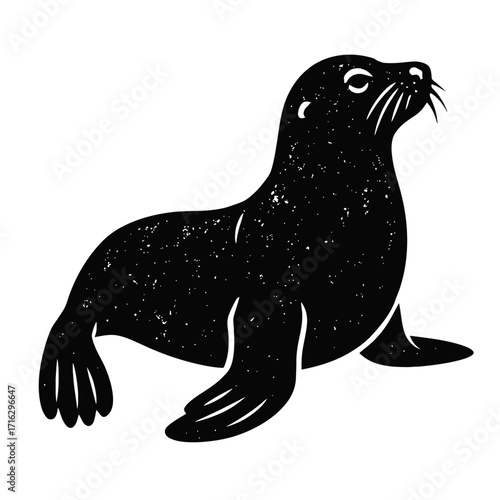Elegant black silhouette of a powerful marine mammal, likely a seal or sea lion, with detailed whiskers and flippers. This stylized illustration captures the serene beauty and playful nature of aquati
