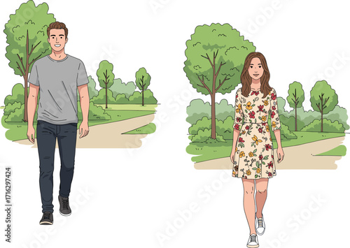 PrintYoung man walking in park, casual clothing style, smiling outdoors, young woman walking in park, floral dress outfit, natural background