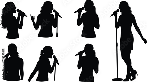 Silhouette of female singer performing with microphone, music concert, stage performance, vocal artist, entertainment, live show, talent, song, isolated illustration