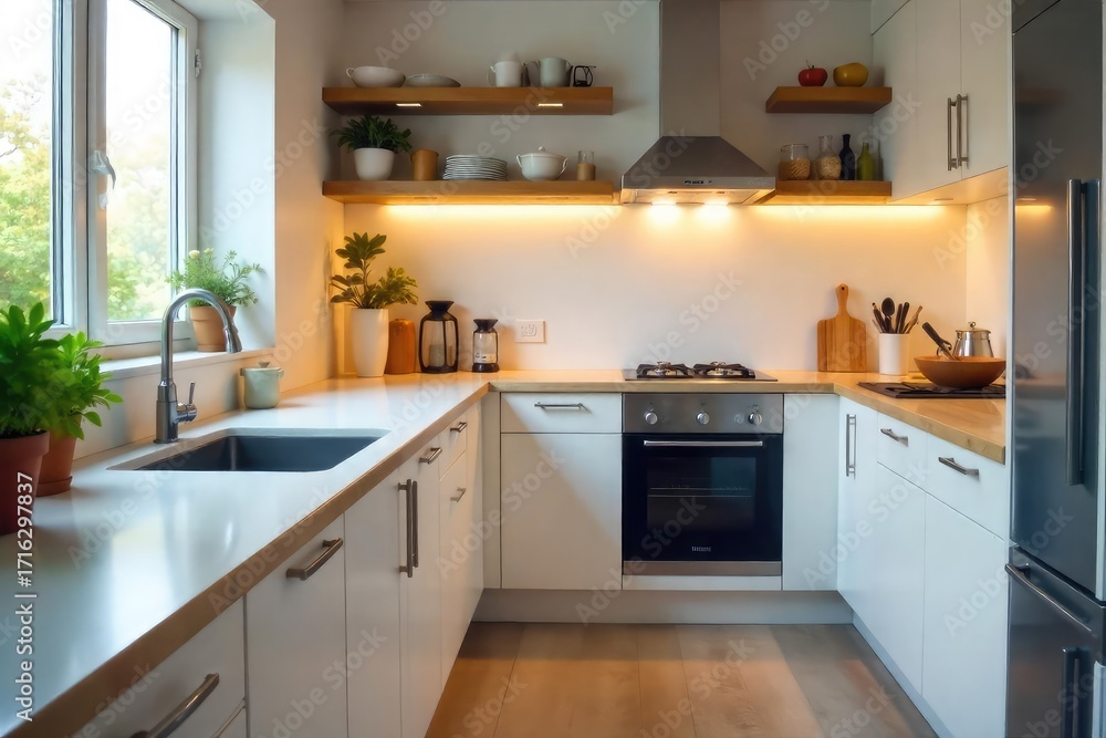 Fototapeta premium A sparkling clean kitchen, countertops wiped, sink gleaming, dishes put away, and floors spotless Ready for a relaxing evening at home after a thorough cleaning session , window, light, tile