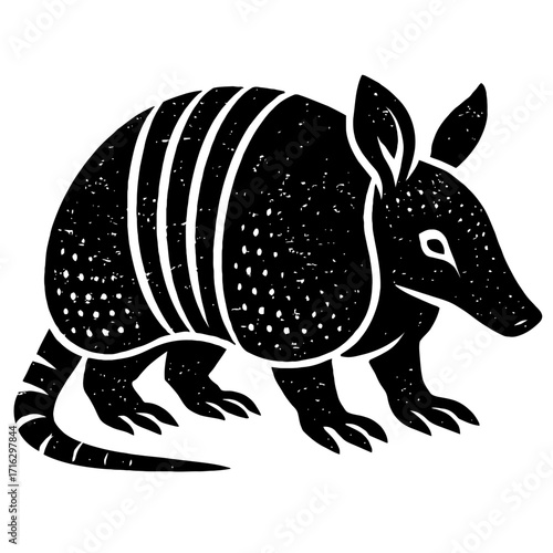 Black & White Armadillo Illustration. Textured woodcut style graphic for wildlife art, nature designs, apparel, rustic decor, education, digital prints. Hand-drawn, minimalist, versatile SEO-friendly
