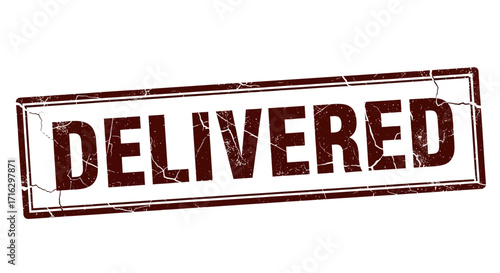 Dark crimson stamp displaying the word 'DELIVERED' with distressed edges, showcasing a vintage grunge look
