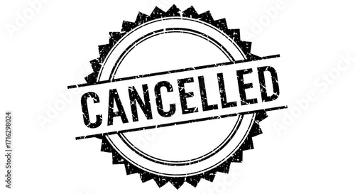 Grunge style black cancelled stamp design in a circular shape with a jagged border, a bold typeface