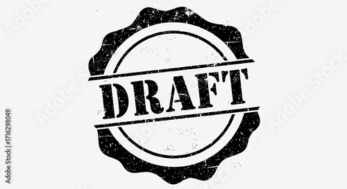 Grungy black stamp icon with bold uppercase DRAFT text, featuring a scratchy texture and rough border