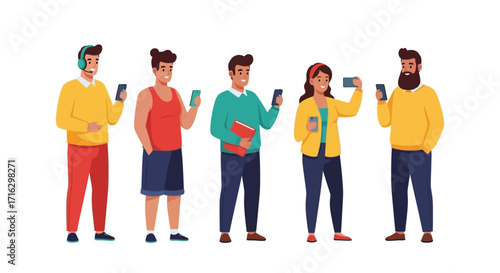 Diverse group of people engrossed in their smartphones, showcasing modern digital connectivity