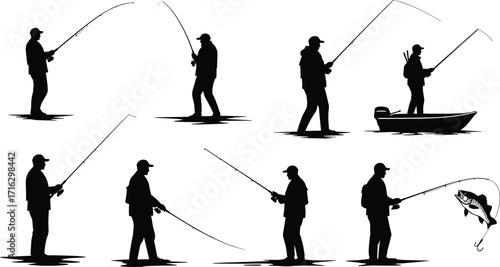 Silhouette of fisherman holding fishing rod, catching fish, outdoor sport, angling activity, hobby, nature, lake fishing