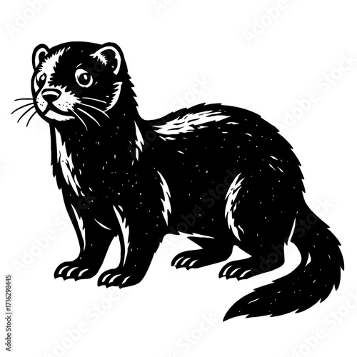 Striking black and white illustration of a curious and agile ferret, depicted in a classic linocut or woodcut art style, showcasing its sleek form and alert posture, ideal for nature-inspired graphics