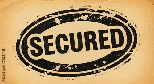 Secured Authentic Stamp Grunge Black Oval with Bold Uppercase Text on Aged Paper