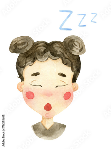 Sleepy girl watercolor illustration isolated on white background. Girl's face character design. Tired emotion. Female kid person poster card. Cartoon yawning girl.