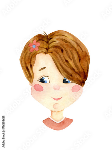 Girl watercolor illustration on white background. Girl's face character design. Shy emotion. Female kid person poster card. Cartoon ginger girl.