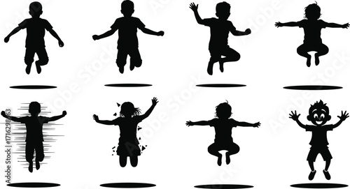 Silhouette of kids jumping with joy, children playtime, happy childhood moments, fun activity, energetic lifestyle
