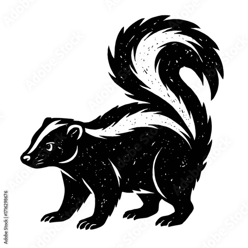 Charming black and white skunk illustration featuring its distinctive white stripe and bushy tail, perfect for nature themes, wildlife designs, animal lover gifts, rustic decor, or unique graphic art