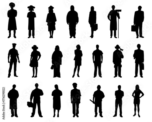 Black silhouettes of workers with different professions and occupations. Professional employees labor day.