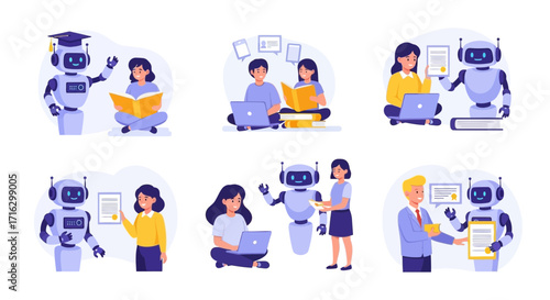 A set of flat vector illustrations depicting people and robots in modern online education