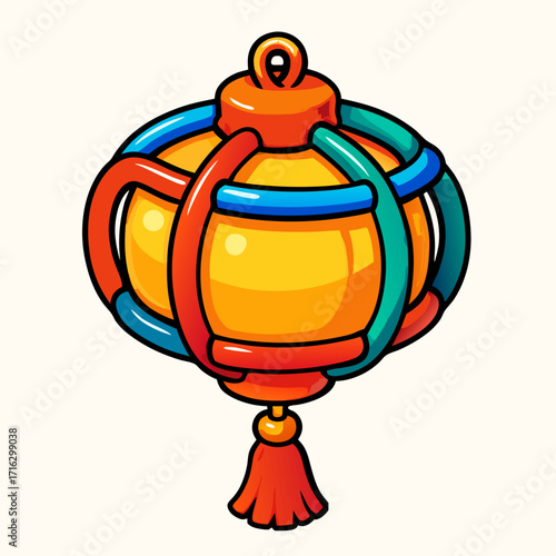 A colorful cartoon Chinese lantern with a red tassel, illustrated in a vibrant, decorative style against a plain background.