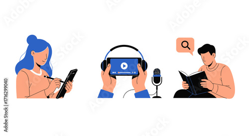 Diverse Digital Engagement Illustrating People Interacting with Technology and Content