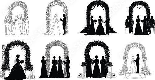 Wedding couples under floral arches vector silhouette set, bride and groom ceremony illustrations, romantic marriage scenes in black and white design