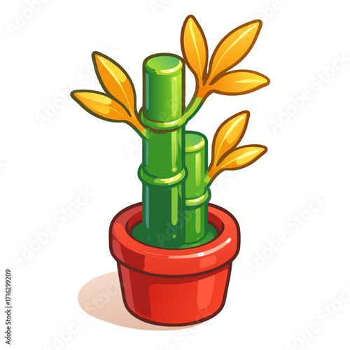 A vibrant cartoon illustration of a lucky bamboo plant with golden leaves, growing in a small red pot on a white background.