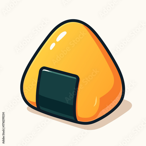 Cartoon illustration of a yellow onigiri with a dark green nori seaweed wrap.