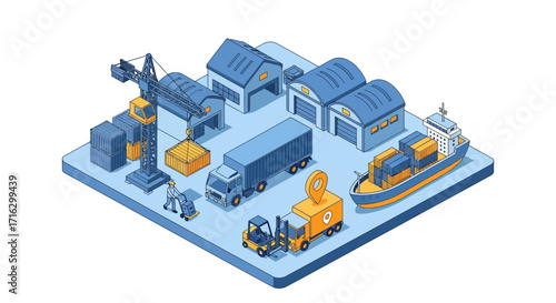 Dynamic isometric vector illustration of modern global logistics, supply chain management, and freight transportation with warehousing