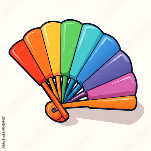 A colorful fan with rainbow-colored panels is fanned out against a white background.