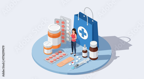 Isometric vector illustration of an online pharmacy concept with a woman, medications, and a shopping bag