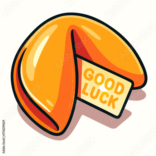 Close-up of an orange fortune cookie with a good luck message.