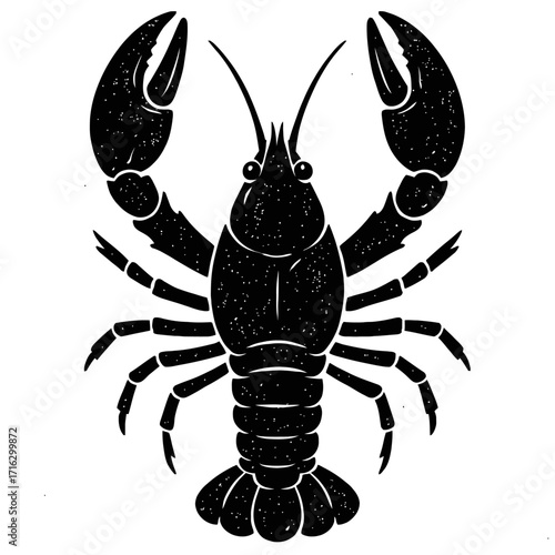 Striking black silhouette illustration of a freshwater crayfish, depicting detailed crustacean form with prominent claws. Ideal for vintage marine life art, seafood designs, aquatic decor, and nature-