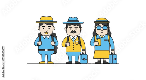 Three diverse people with luggage, ready for travel or a journey