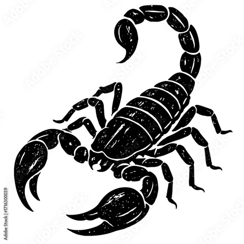 Highly detailed black scorpion illustration with a striking, stylized design on a clean white background, showcasing its powerful pincers, segmented body, and menacing venomous tail, perfect for graph