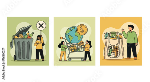 Set of illustrations depicting a sustainable lifestyle with waste reduction, eco-conscious shopping, and healthy choices