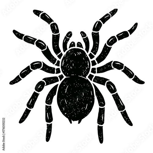 Black spider illustration, distressed linocut art. Eight-legged arachnid, Halloween spooky theme. Vintage horror design, creepy crawly tarantula silhouette. Dark, eerie, striking visual for graphic pr