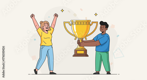 A simple illustration of a man presenting a golden trophy to a victorious and celebrating woman