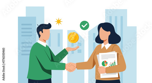 Business Deal Agreement Handshake and Currency Exchange Amidst Urban Development