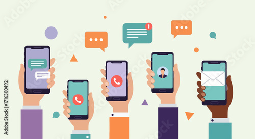 Modern mobile technology use diverse hands holding smartphones for messaging, calls, and social apps