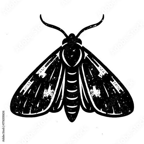 Striking black and white linocut style illustration of a nocturnal moth with intricate wing patterns and delicate antennae, embodying vintage insect art. Perfect for nature-inspired designs, tattoo co