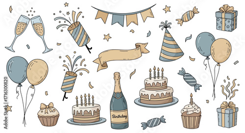 Celebratory Doodle Collection A Whimsical Birthday Illustration Set for Joyful Occasions