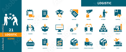 Logistic icon set. Containing delivery, package, distribution, shipping, warehouse, and supply chain icons. Solid icon collection.