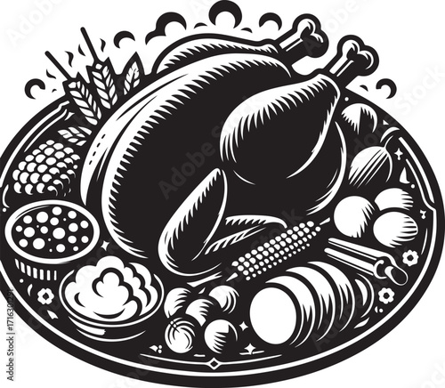 silhouette black and white Thanksgiving dinner plate with roasted turkey leg , mashed potatoes, vegetables